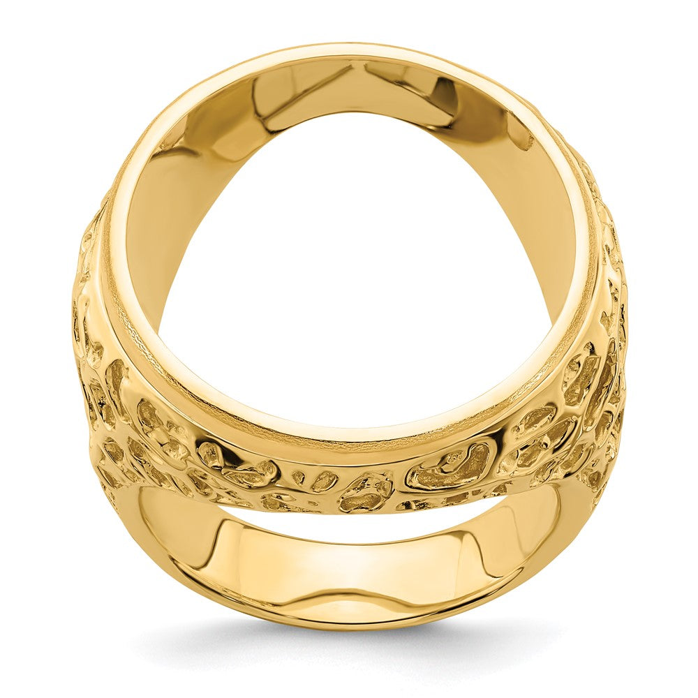 Wideband Distinguished Coin Jewelry 14k Men's Polished and Textured Carved Nugget 21.6mm Coin Bezel Ring (16.34 grams)