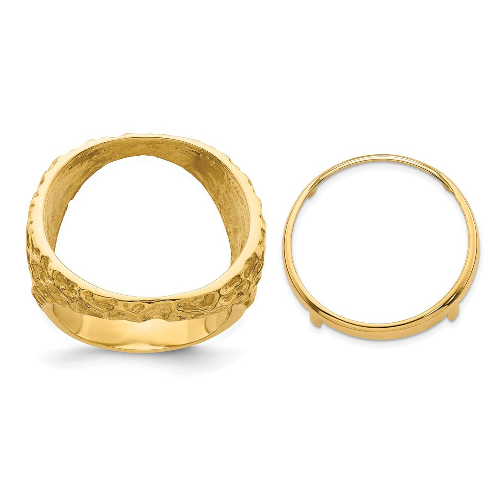 Wideband Distinguished Coin Jewelry 14k Men's Polished and Textured Carved Nugget 21.6mm Coin Bezel Ring (16.34 grams)