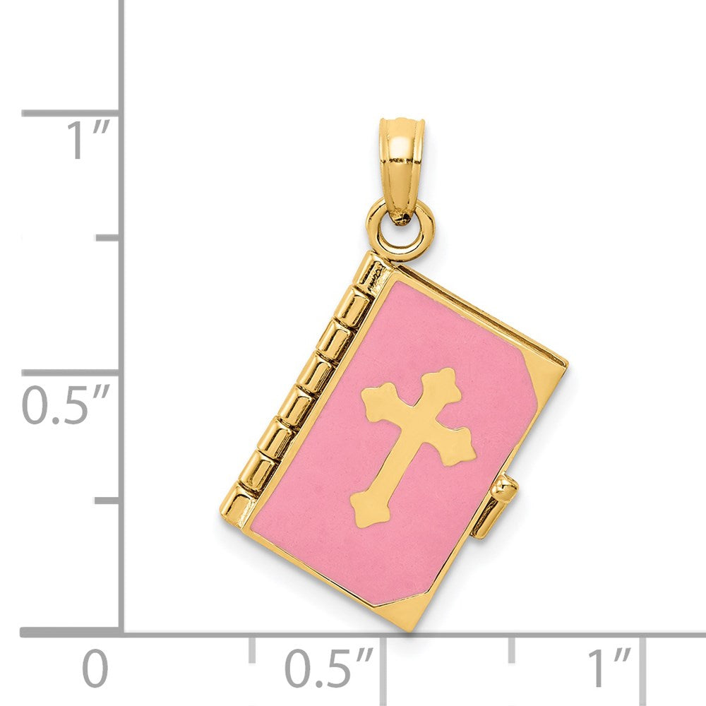 14k Yellow Gold 12 mm 3D Pink Enameled Lord's Prayer Bible Pendant (4.18 grams)