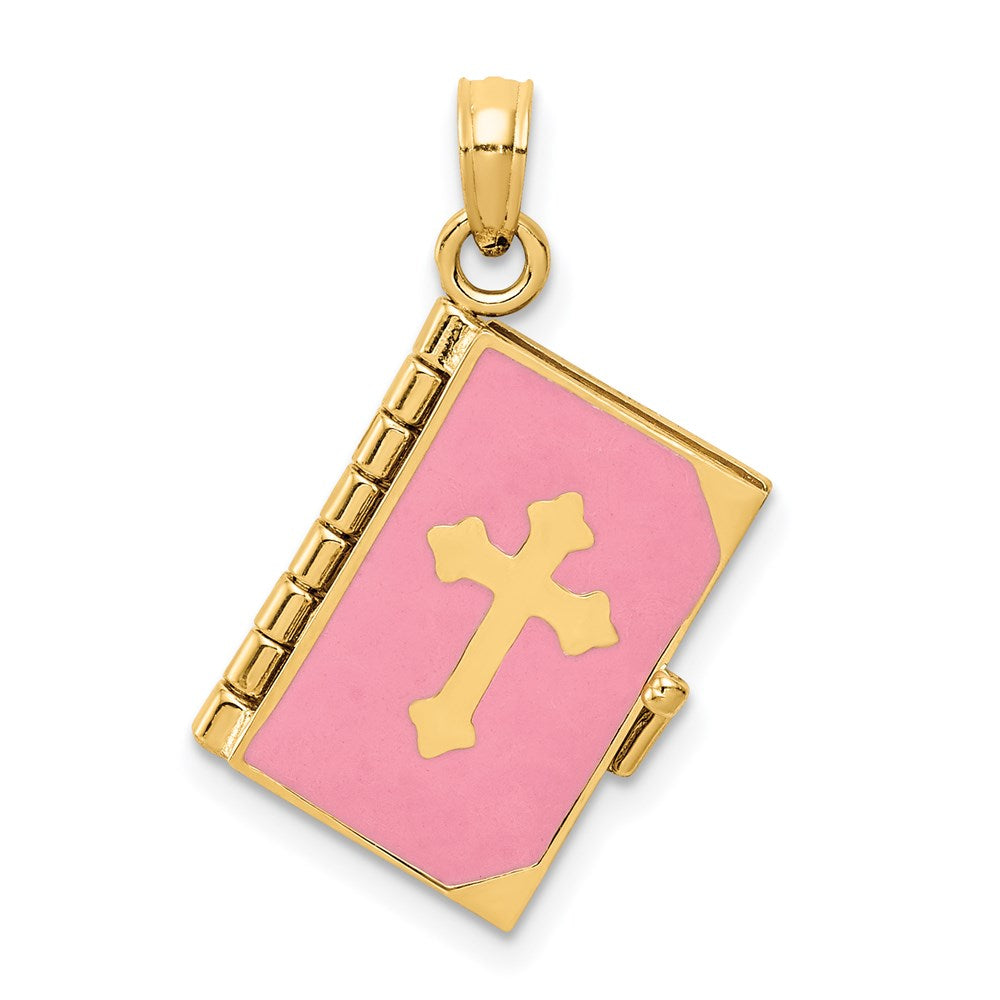 14k Yellow Gold 12 mm 3D Pink Enameled Lord's Prayer Bible Pendant