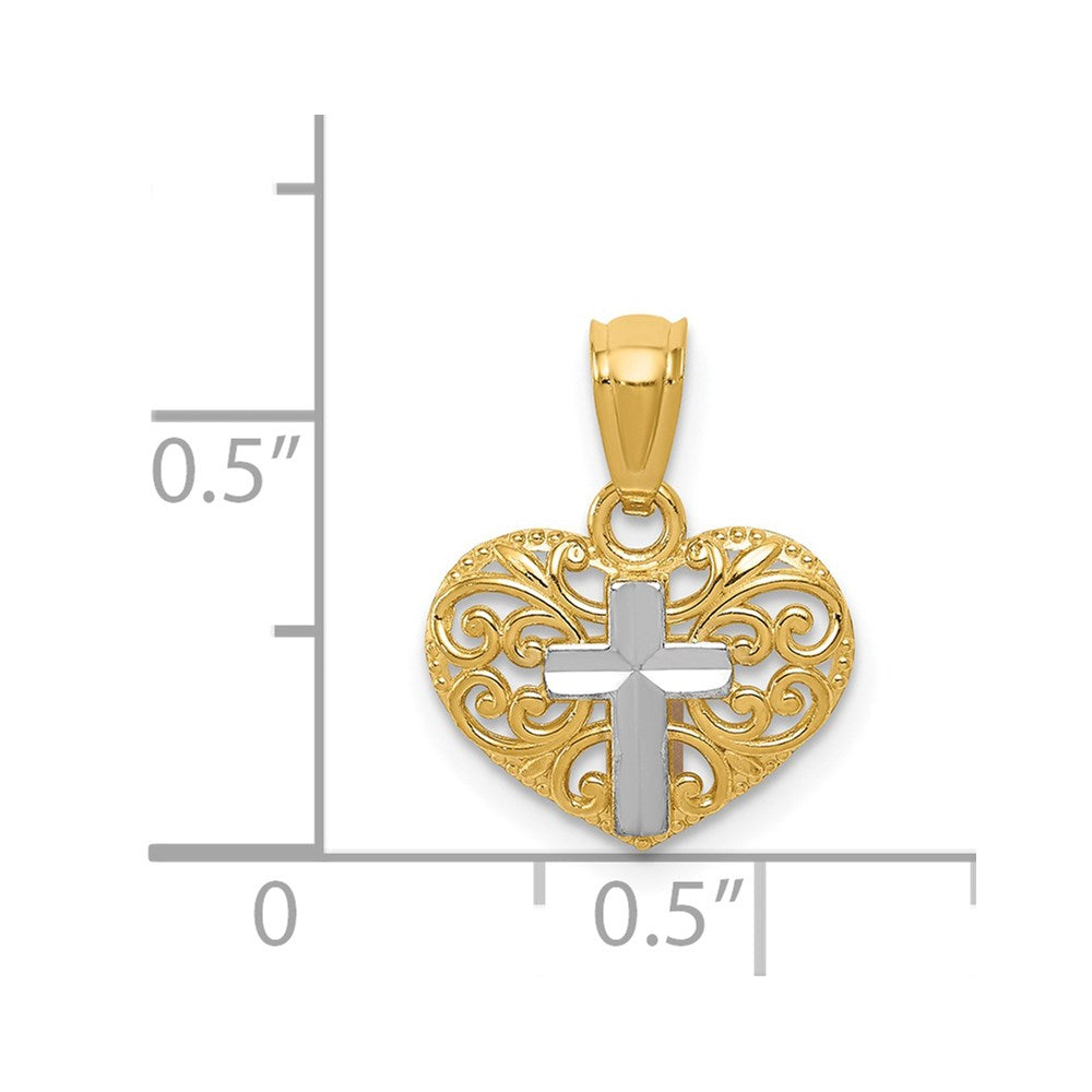 14k Yellow & Rhodium 12 mm  Cross in Heart Pendant (0.52 grams)