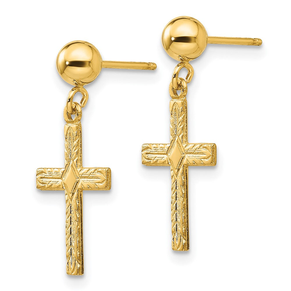 14k Yellow Gold 10 mm Polished & Textured Cross Earrings