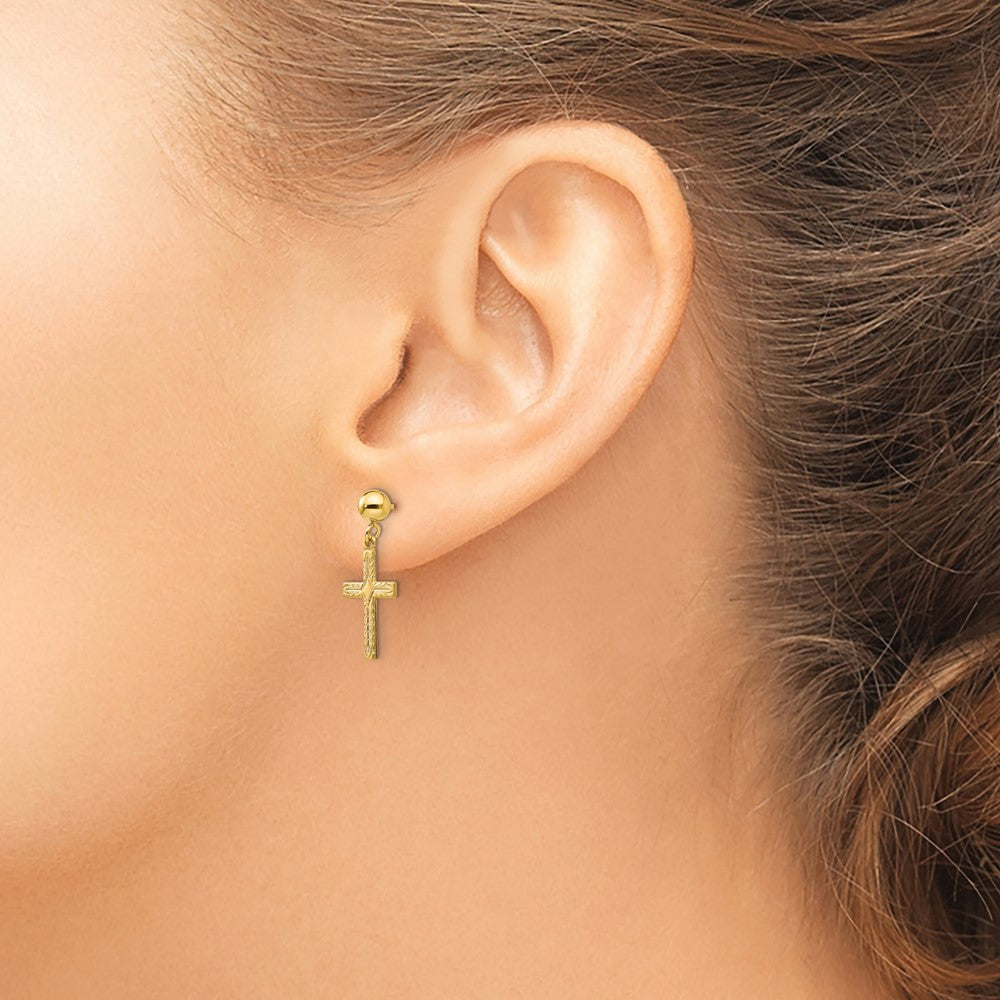14k Yellow Gold 10 mm Polished & Textured Cross Earrings