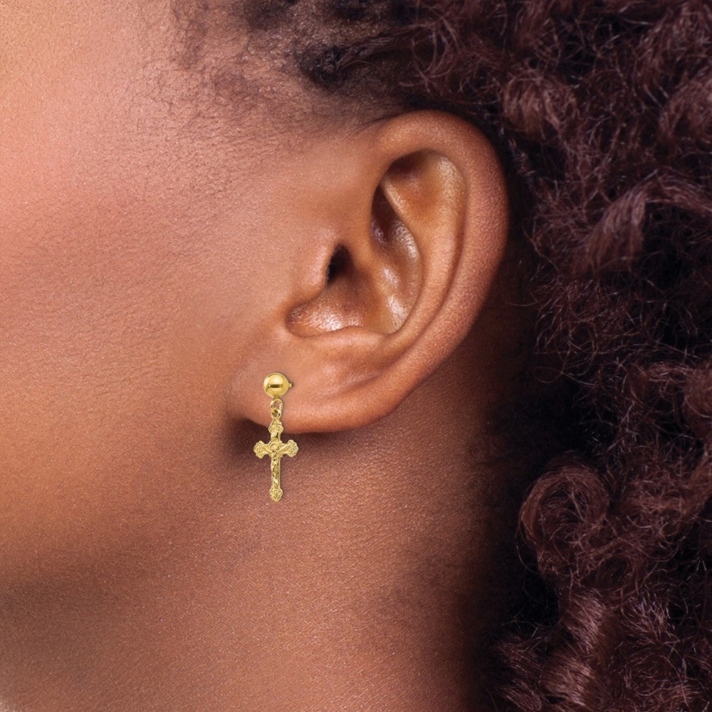 14k Yellow Gold 10 mm Polished Crucifix Post Earrings