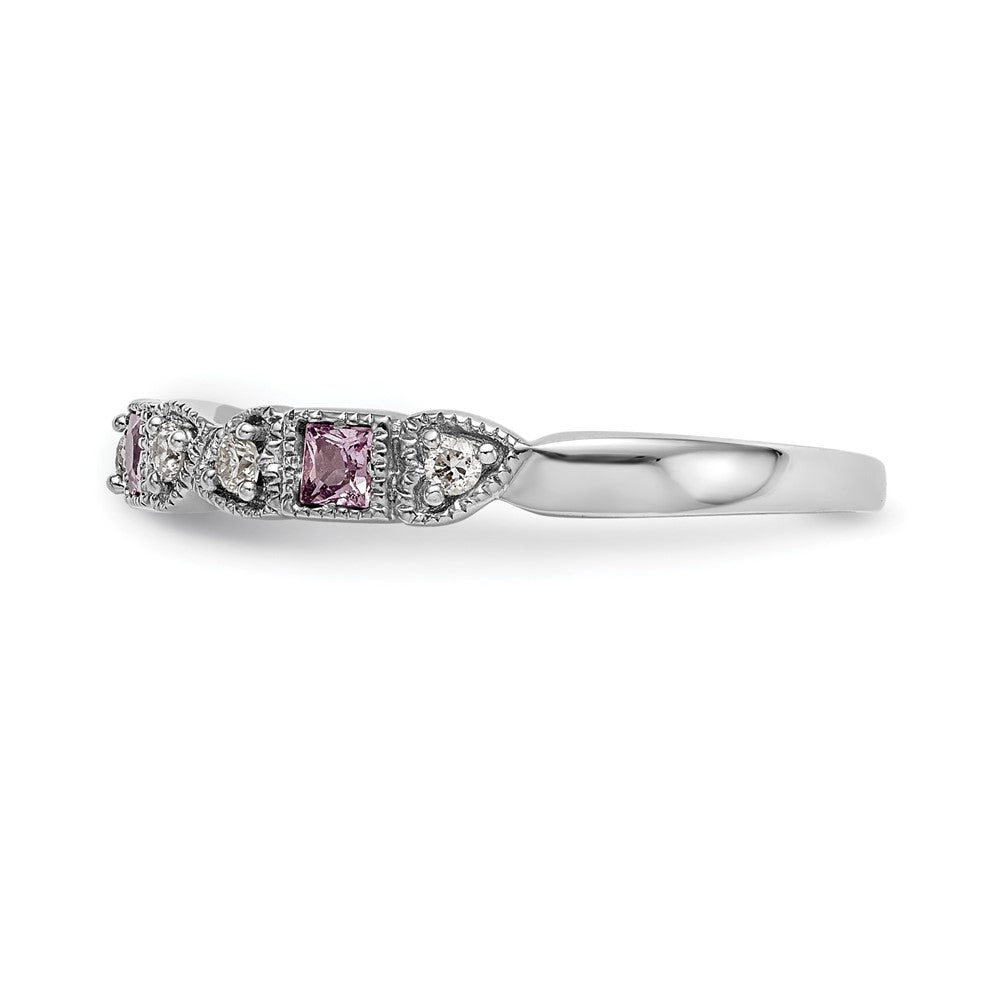 14k White Gold Heart Design 1/10 carat Diamond and Pink Sapphire Complete Band (2.58 grams)