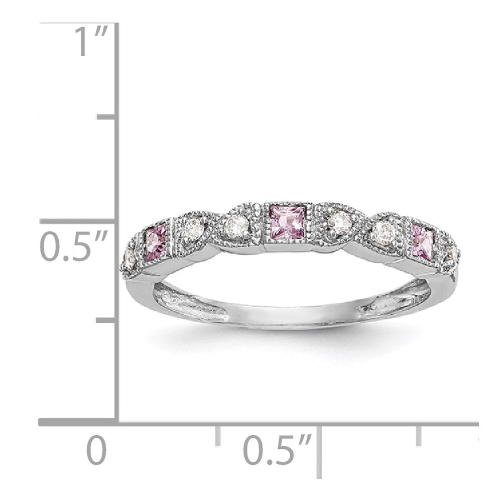 14k White Gold Heart Design 1/10 carat Diamond and Pink Sapphire Complete Band (2.58 grams)