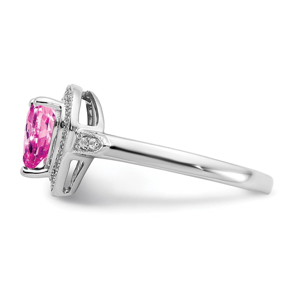 14k White Gold Heart Created Pink Sapphire and Diamond Halo Ring (3.04 grams)