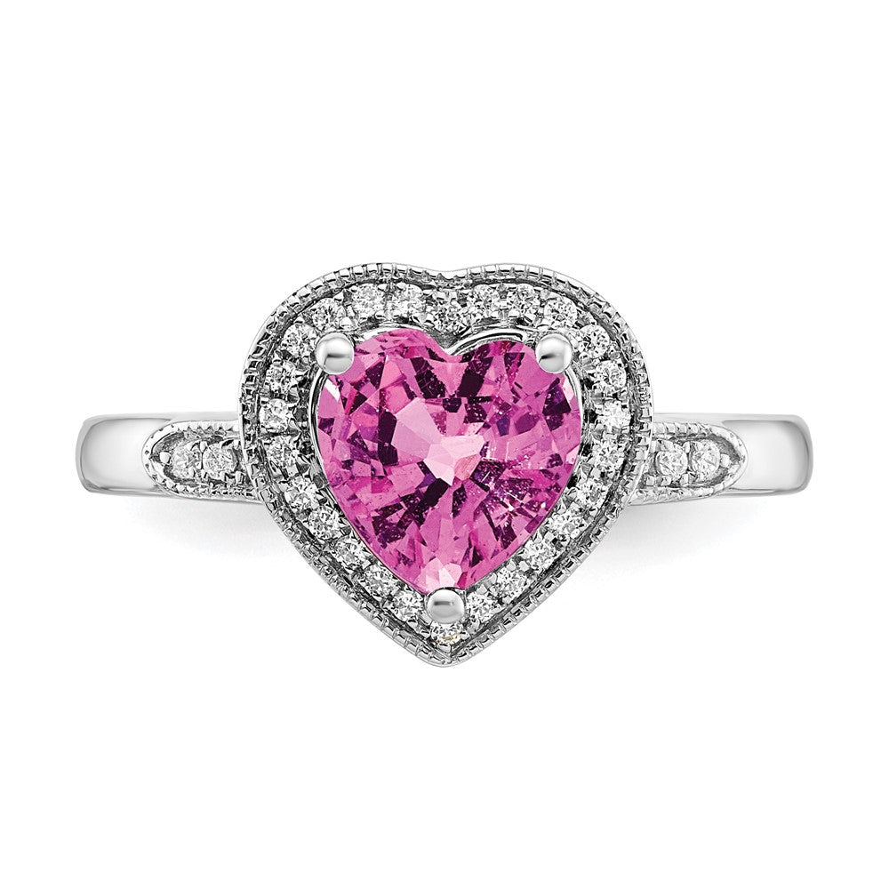 14k White Gold Heart Created Pink Sapphire and Diamond Halo Ring (3.04 grams)