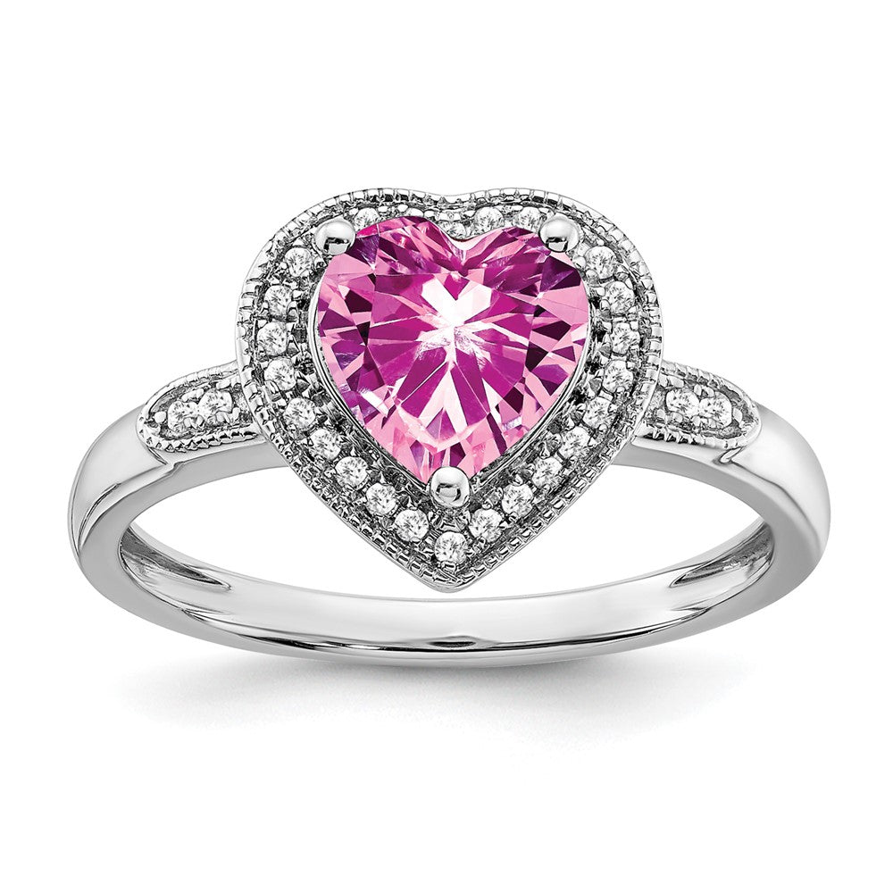14k White Gold Heart Created Pink Sapphire and Diamond Halo Ring (3.04 grams)