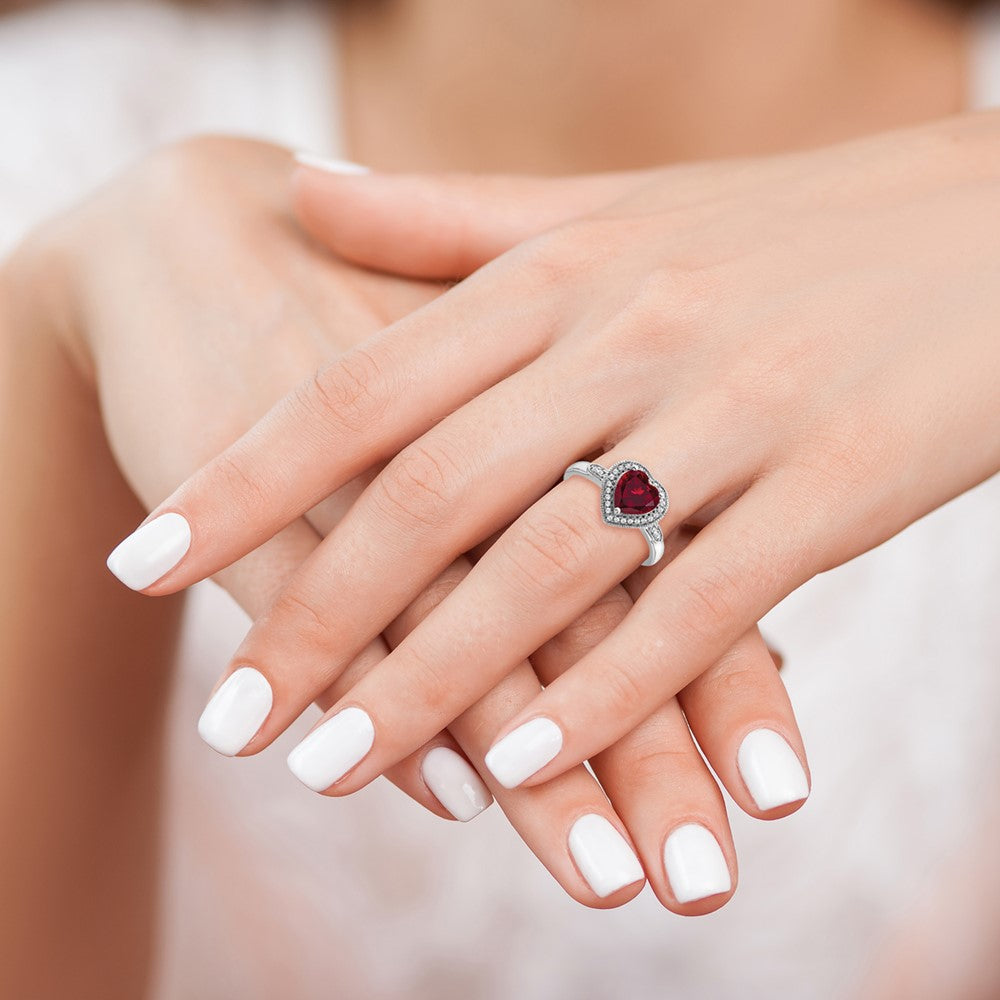 14k White Gold Heart Created Ruby and Diamond Halo Ring (3.04 grams)