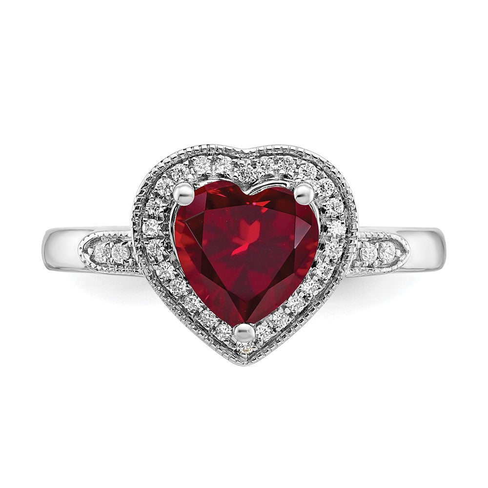 14k White Gold Heart Created Ruby and Diamond Halo Ring (3.04 grams)
