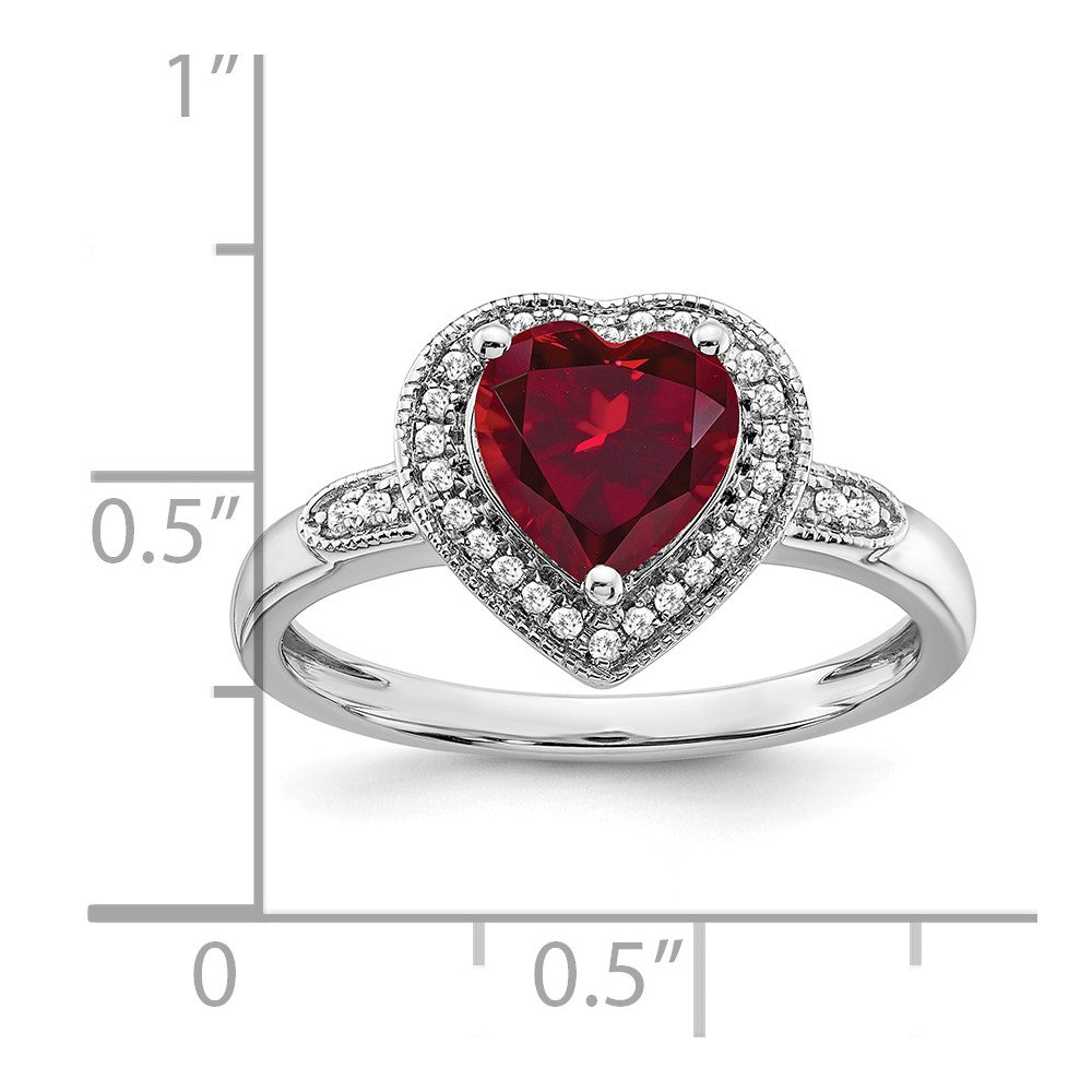 14k White Gold Heart Created Ruby and Diamond Halo Ring (3.04 grams)