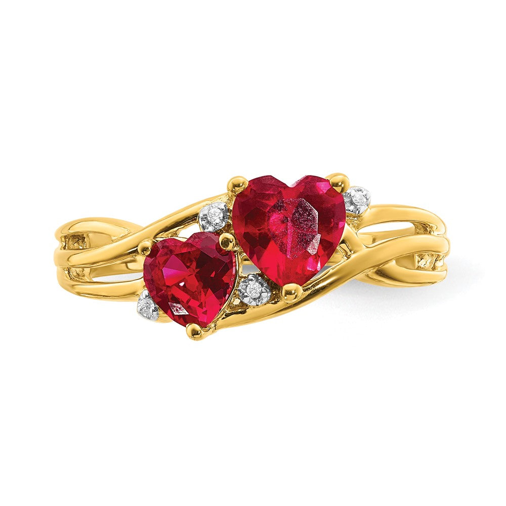 14k Lab Created Ruby and Diamond Double Heart Ring (2.76 grams)