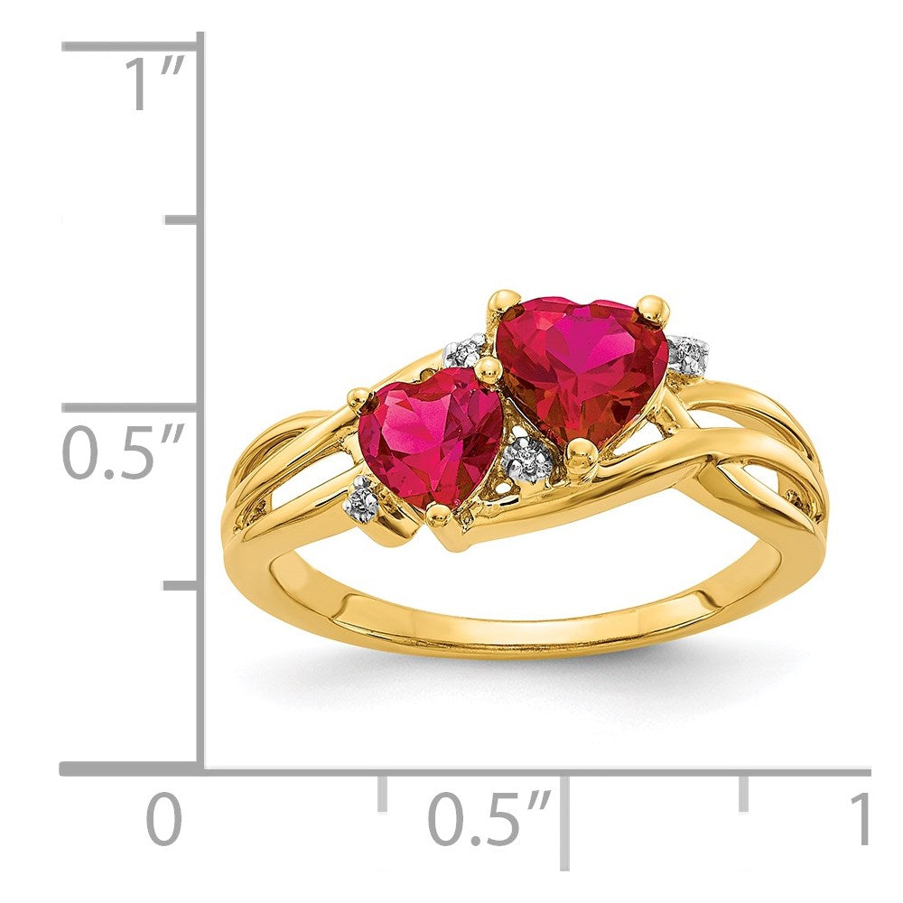 14k Lab Created Ruby and Diamond Double Heart Ring (2.76 grams)