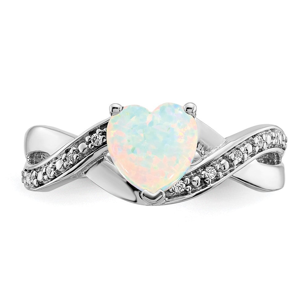 14k White Gold Created Opal and Diamond Heart Ring (2.9 grams)