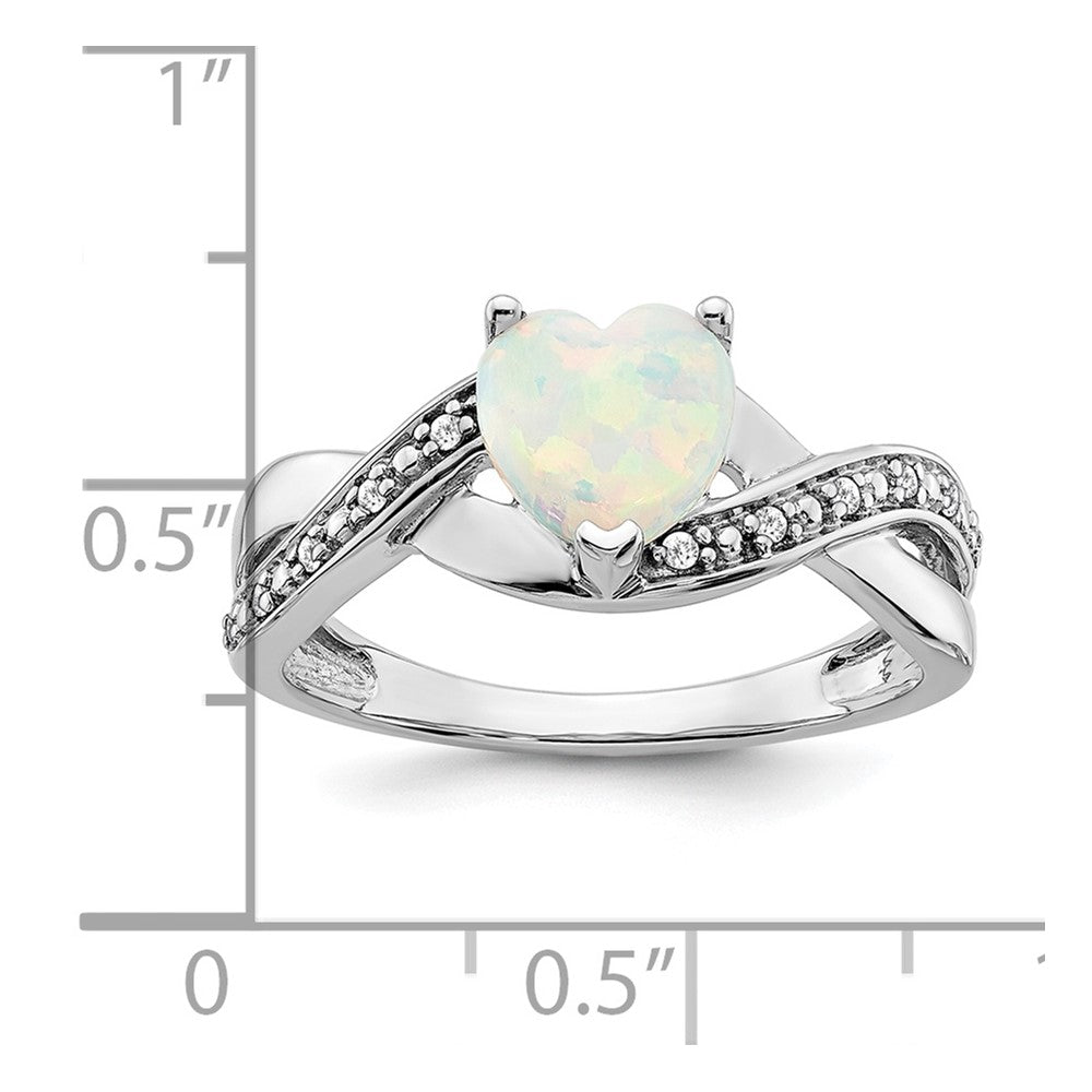 14k White Gold Created Opal and Diamond Heart Ring (2.9 grams)