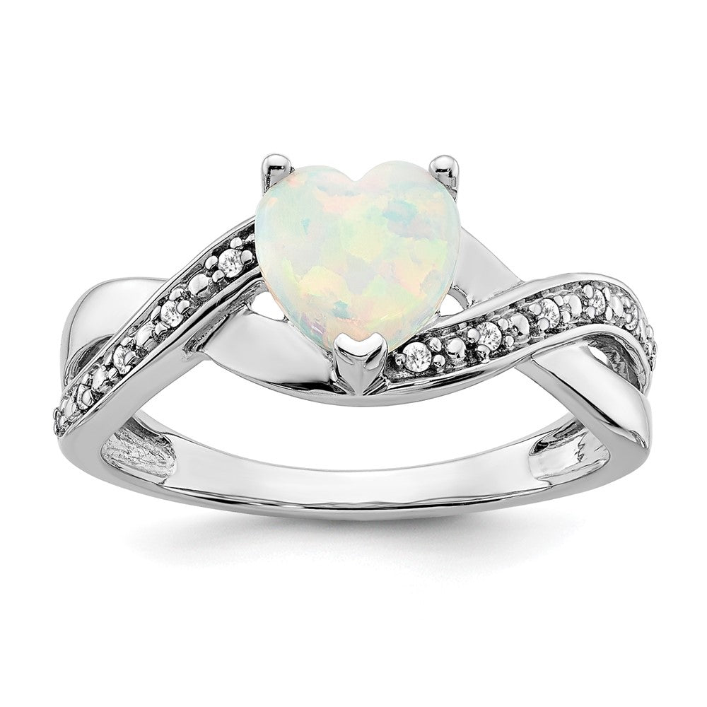 14k White Gold Created Opal and Diamond Heart Ring (2.9 grams)