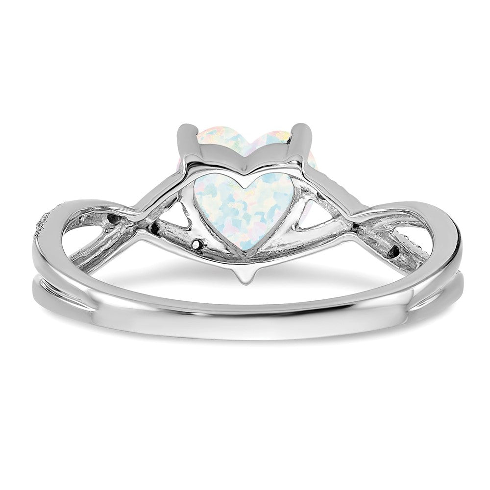 14k White Gold Created Opal and Diamond Heart Ring (2.09 grams)