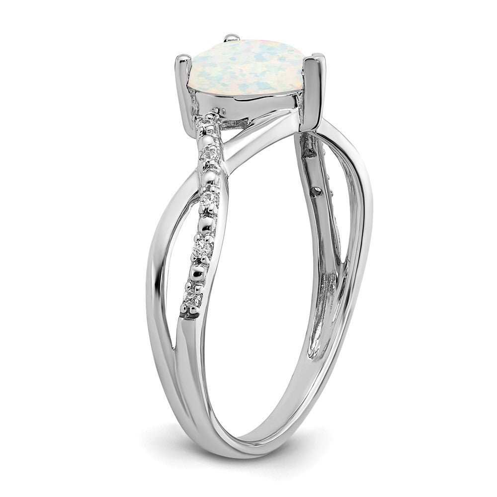 14k White Gold Created Opal and Diamond Heart Ring (2.09 grams)