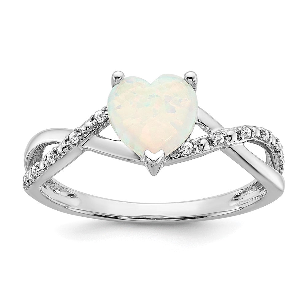 14k White Gold Created Opal and Diamond Heart Ring (2.09 grams)