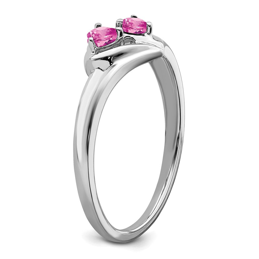 14k White Gold Created Pink Sapphire and Diamond 2-stone Heart Ring (1.71 grams)