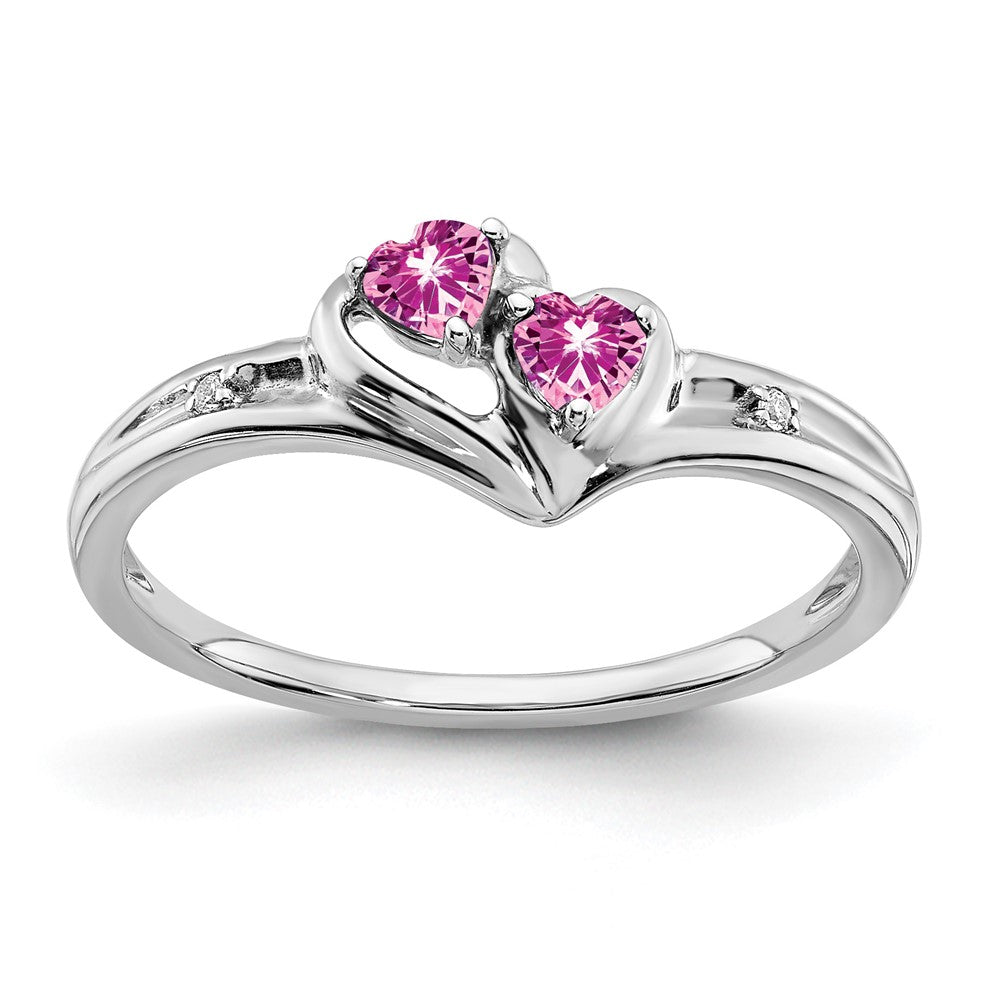 14k White Gold Created Pink Sapphire and Diamond 2-stone Heart Ring (1.71 grams)