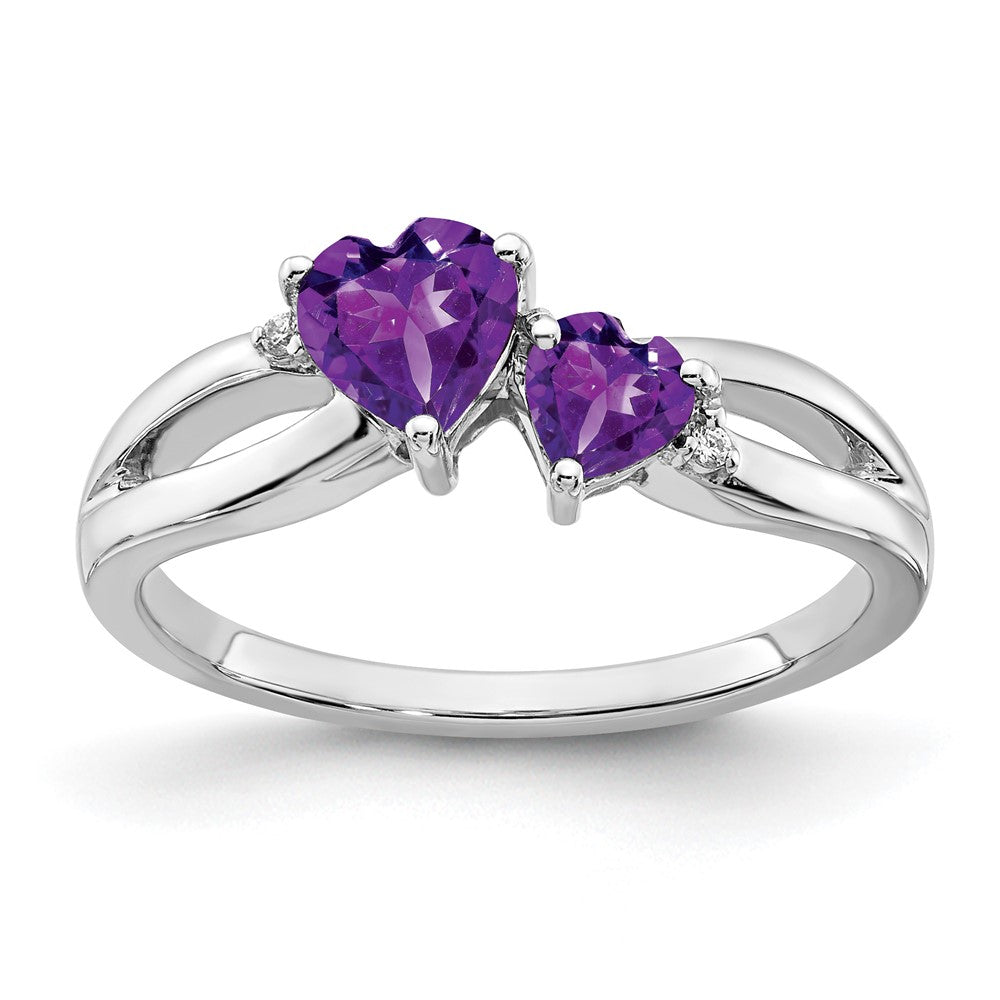 14k White Gold Amethyst and Diamond 2-stone Heart Ring (2.9 grams)
