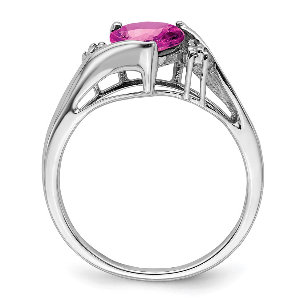 14k White Gold Created Pink Sapphire and Diamond Heart Ring (2.14 grams)