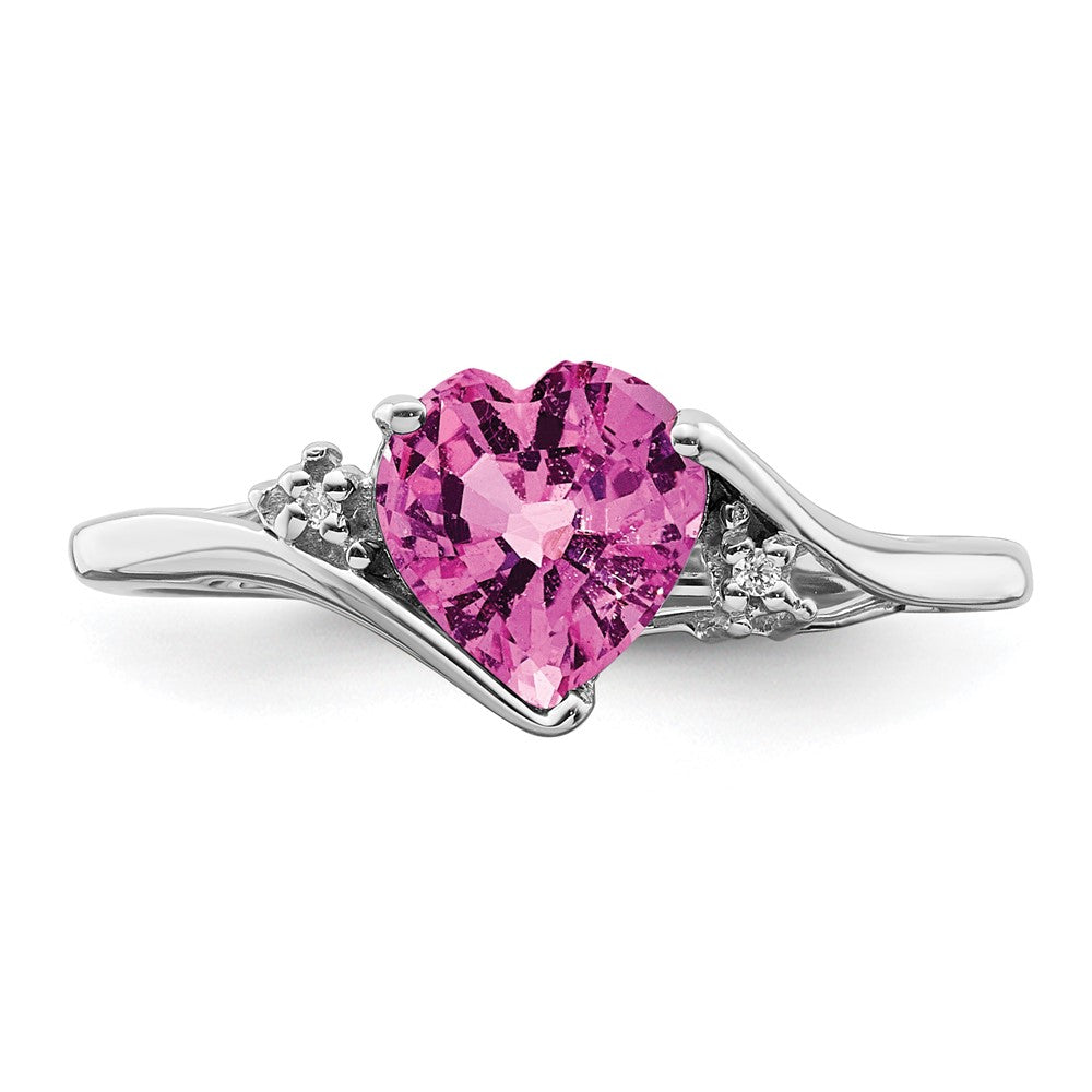 14k White Gold Created Pink Sapphire and Diamond Heart Ring (2.14 grams)