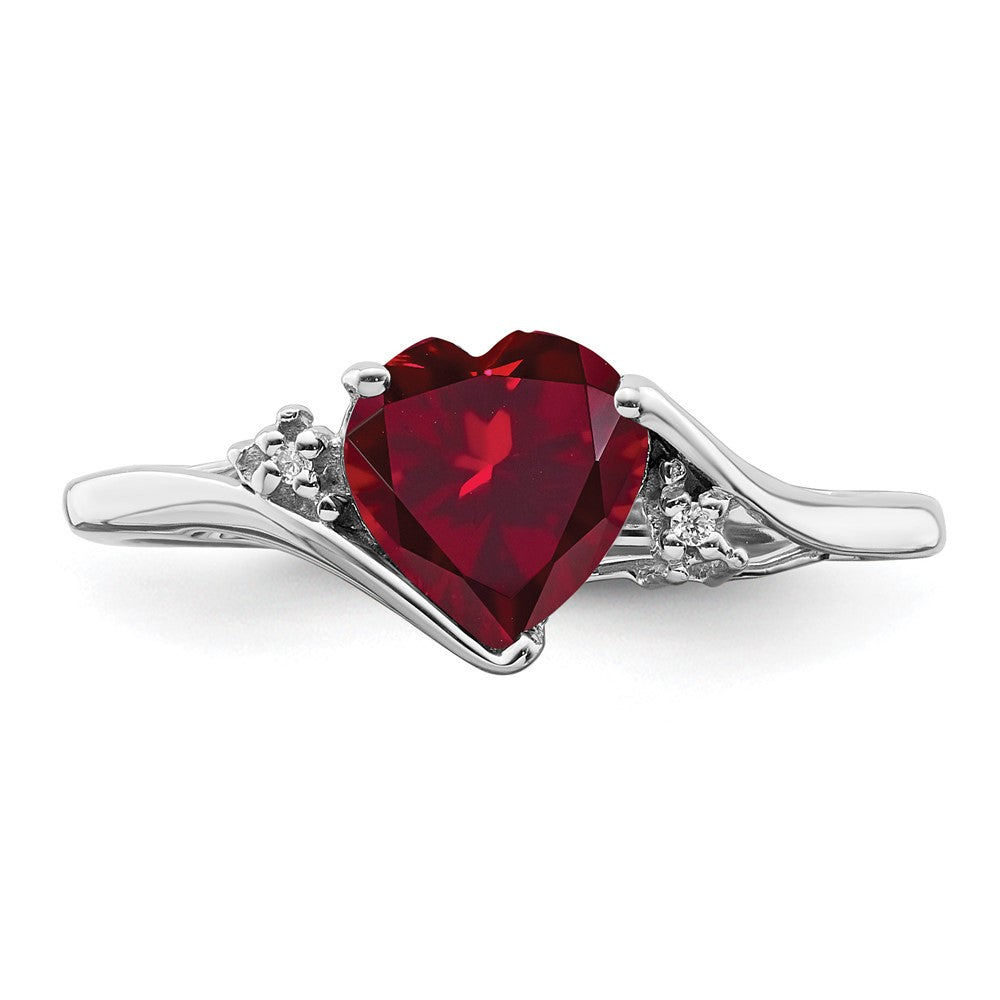 14k White Gold Created Ruby and Diamond Heart Ring (2.14 grams)