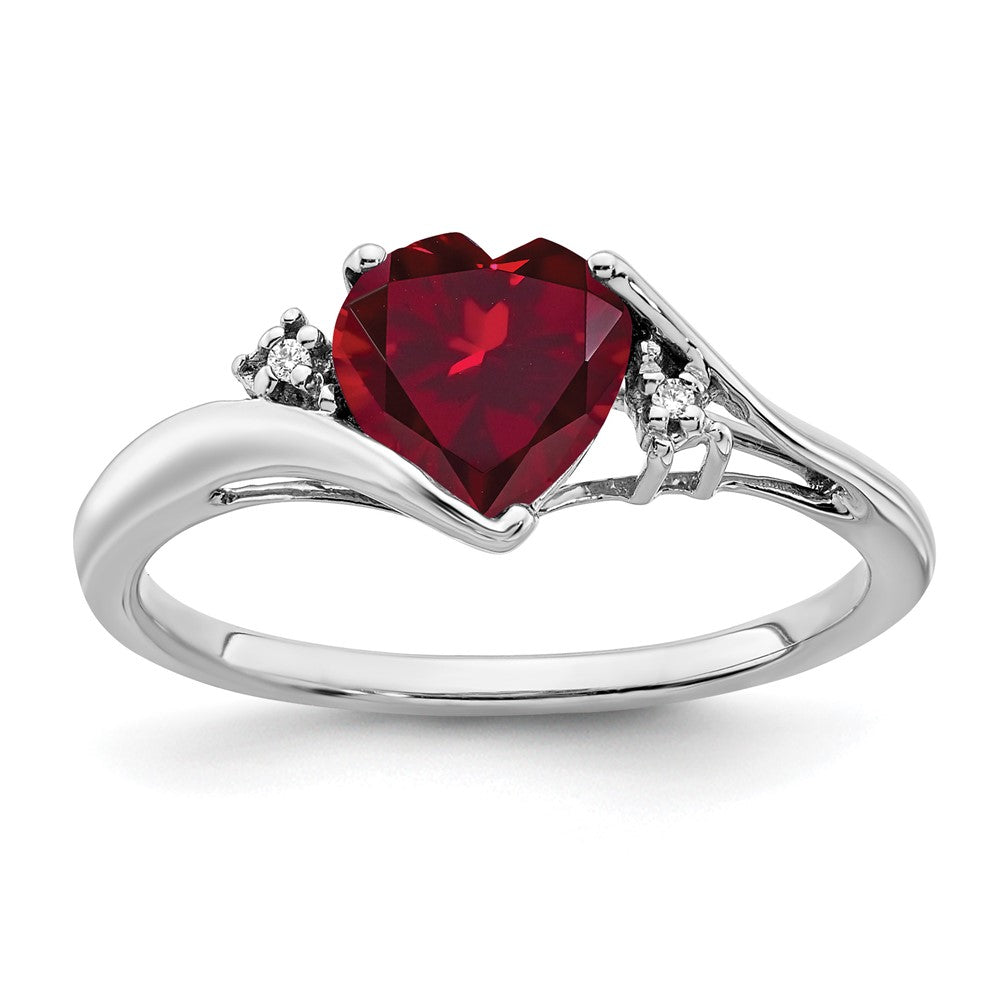 14k White Gold Created Ruby and Diamond Heart Ring (2.14 grams)