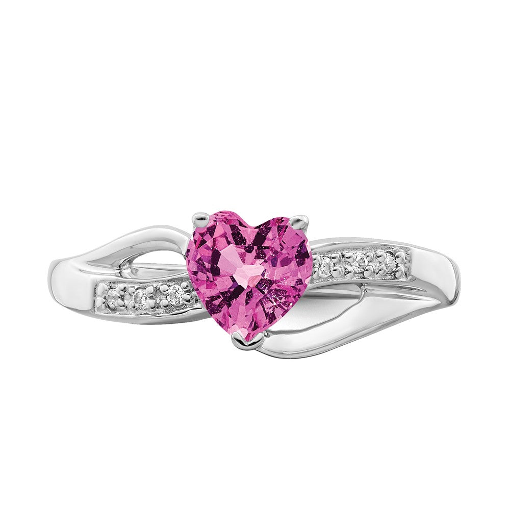 14k White Gold Created Pink Sapphire and Diamond Heart Ring (2.38 grams)