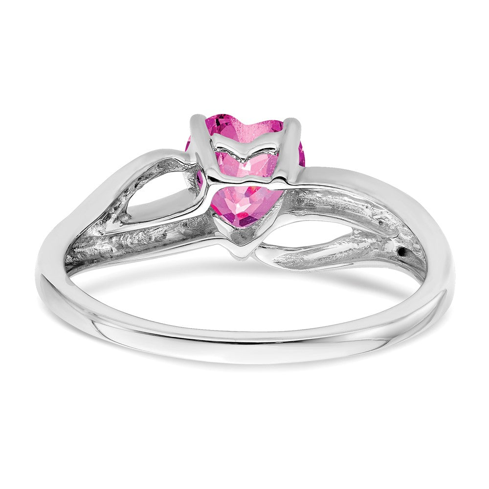 14k White Gold Created Pink Sapphire and Diamond Heart Ring (2.38 grams)