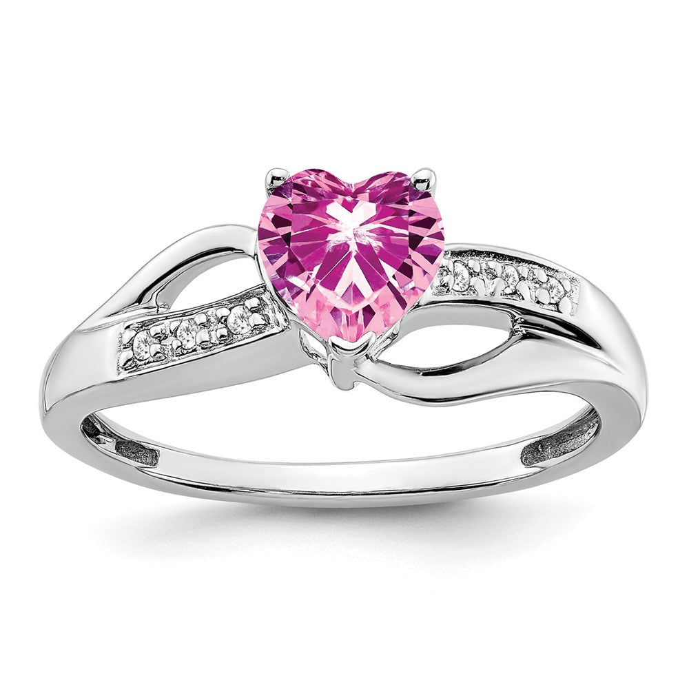 14k White Gold Created Pink Sapphire and Diamond Heart Ring (2.38 grams)