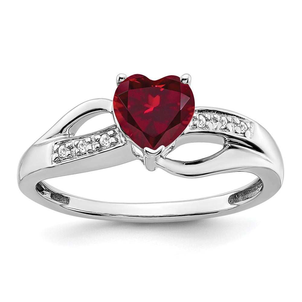 14k White Gold Created Ruby and Diamond Heart Ring (2.38 grams)