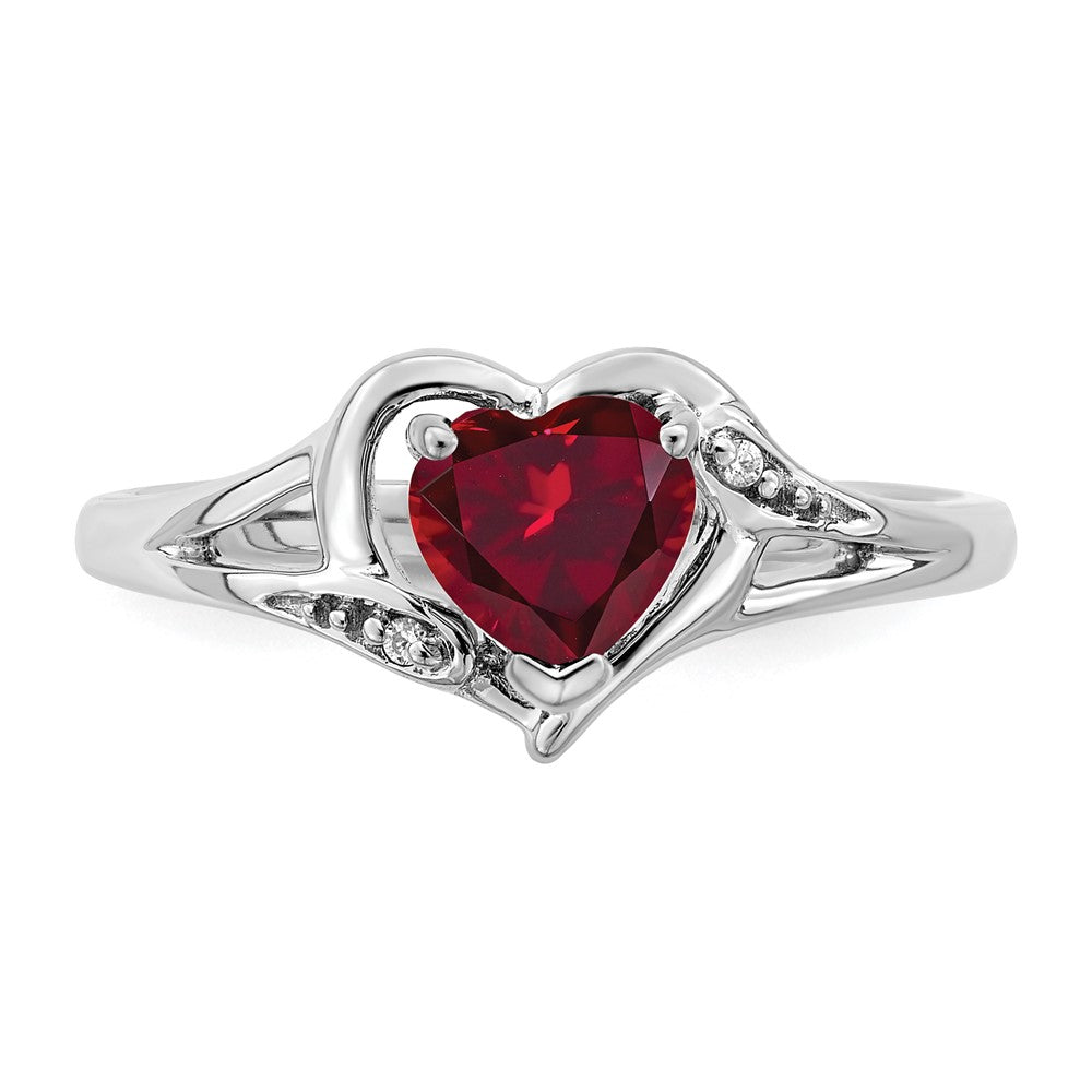 14k White Gold Created Ruby and Diamond Heart Ring (2.95 grams)