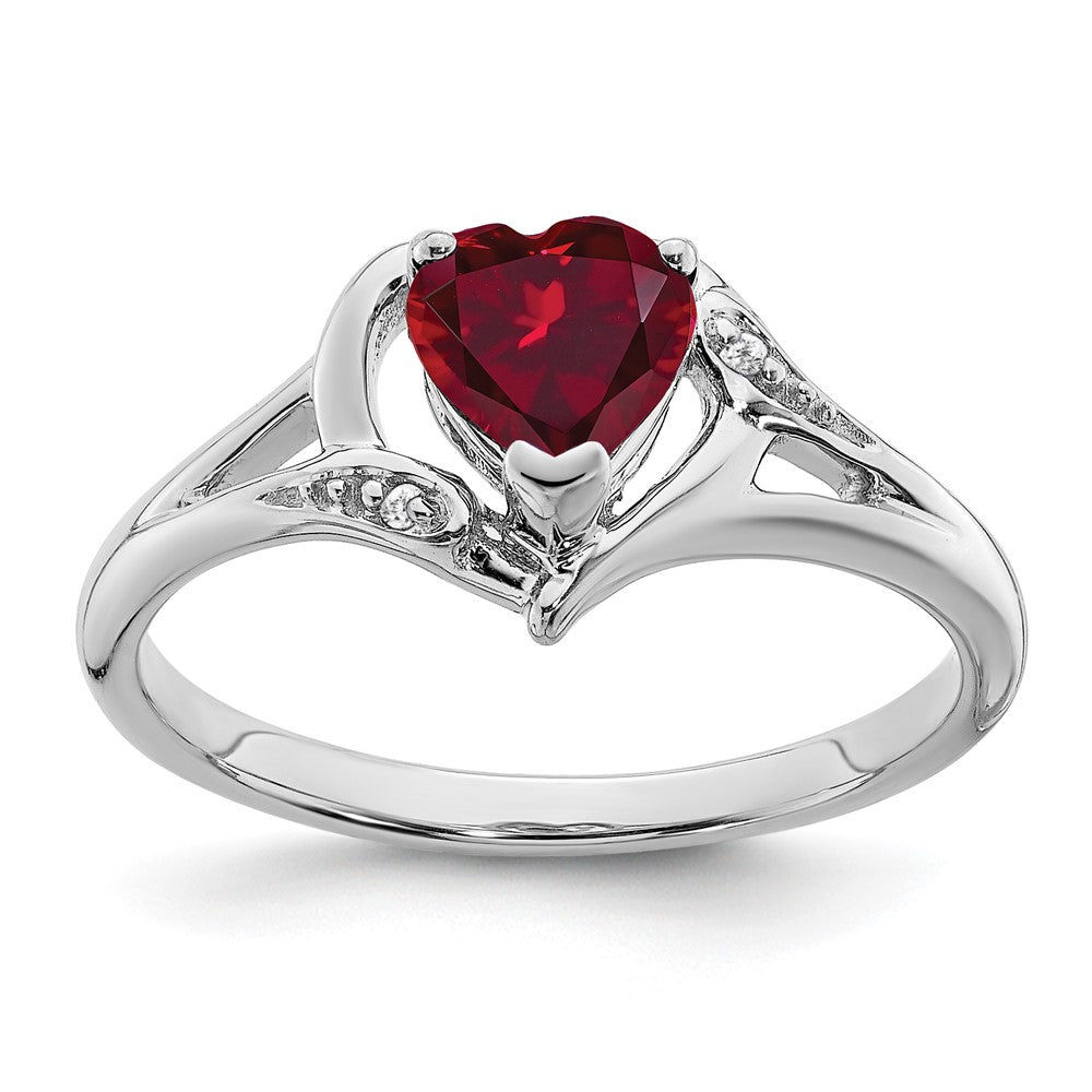 14k White Gold Created Ruby and Diamond Heart Ring (2.95 grams)