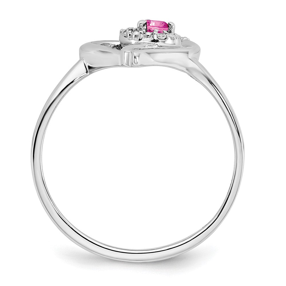 14k White Gold Created Pink Sapphire and Diamond Heart Ring (2.23 grams)