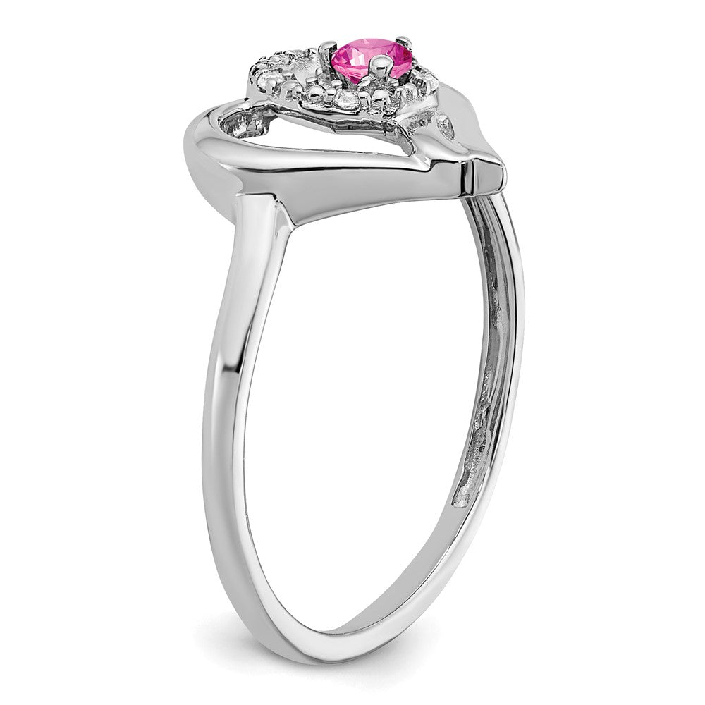 14k White Gold Created Pink Sapphire and Diamond Heart Ring (2.23 grams)
