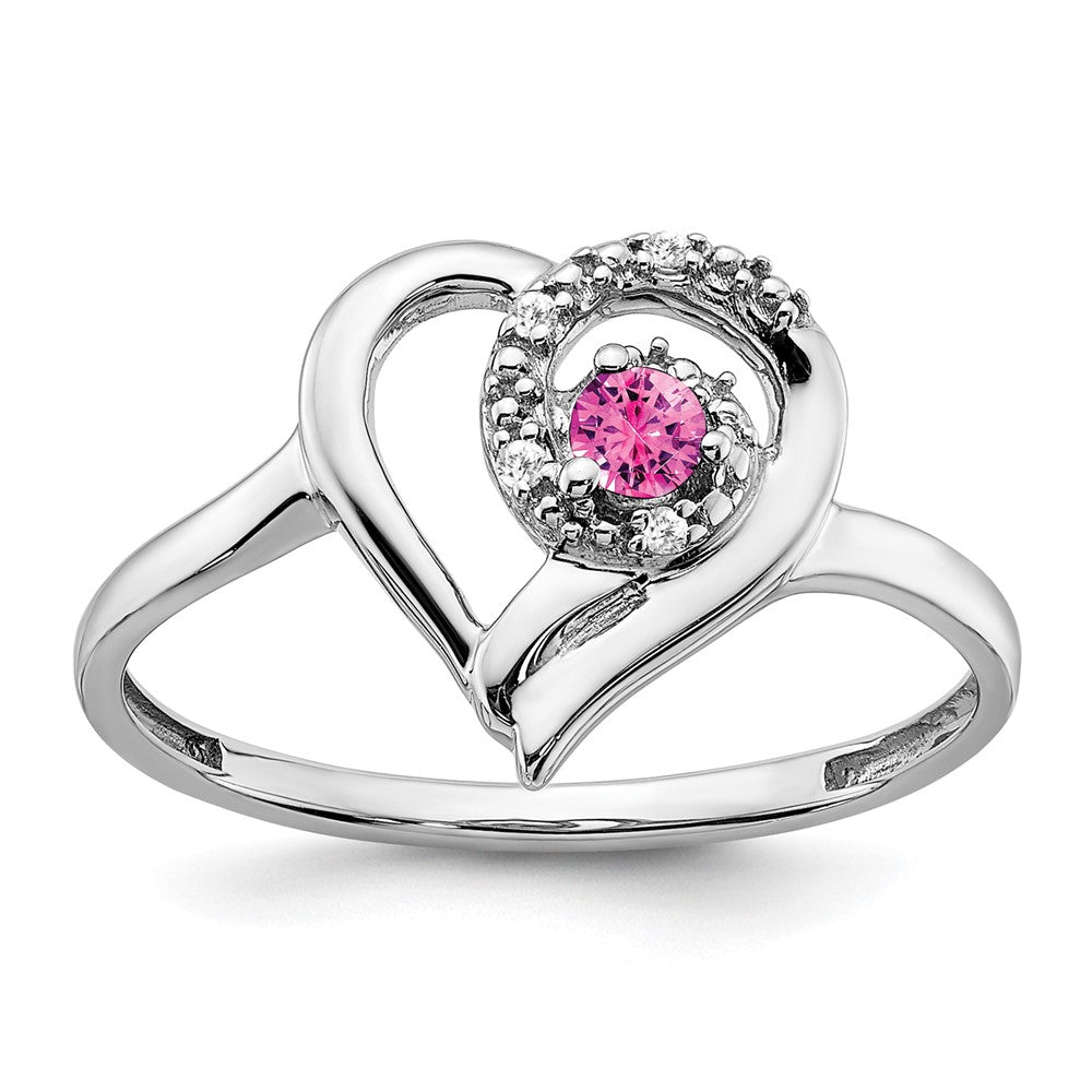 14k White Gold Created Pink Sapphire and Diamond Heart Ring (2.23 grams)