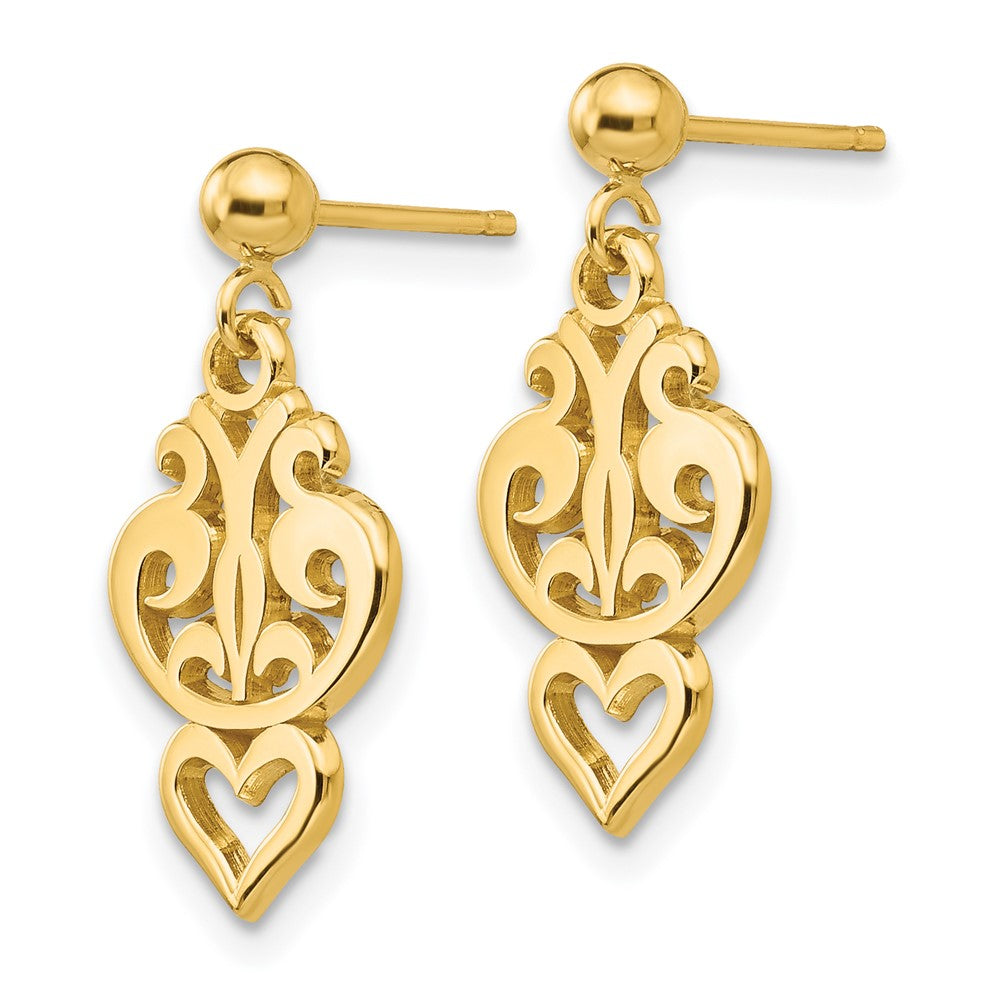 14k Yellow Gold 9 mm Polished Filigree Fancy Heart Post Dangle Earrings (1.6 grams)