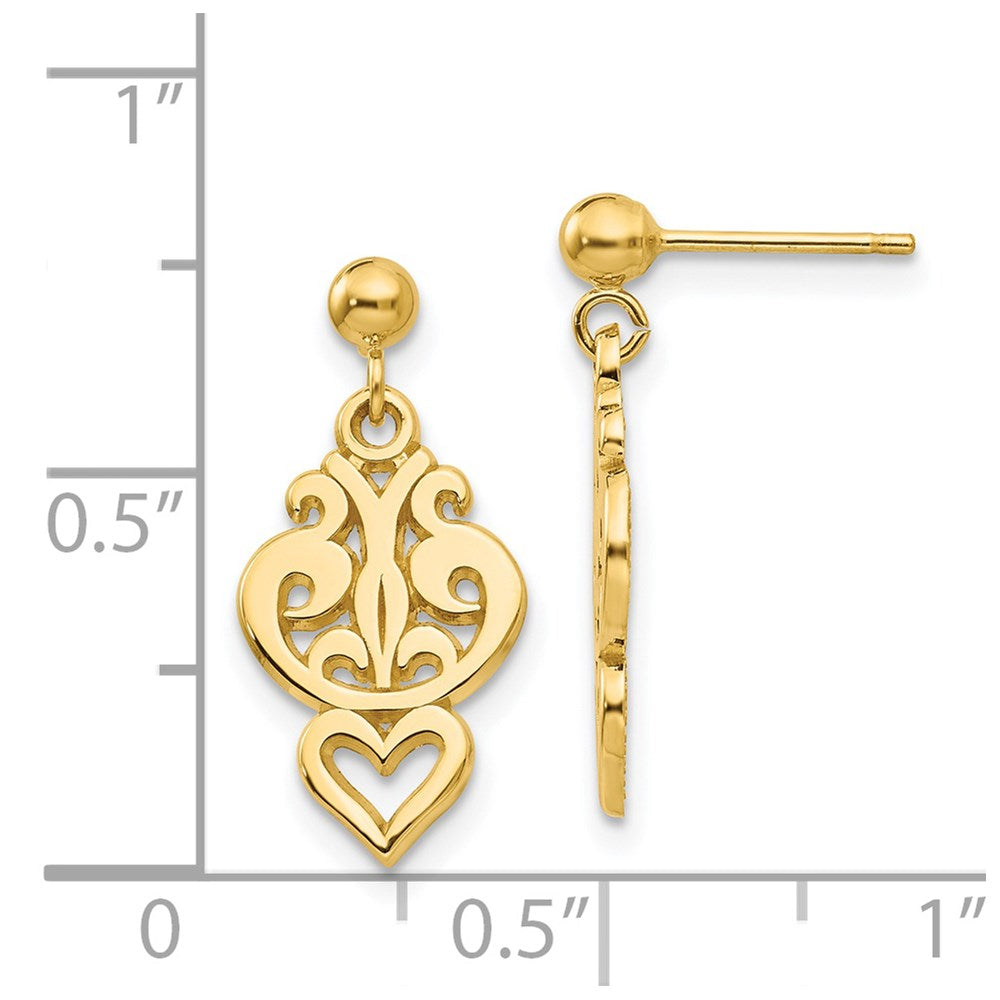 14k Yellow Gold 9 mm Polished Filigree Fancy Heart Post Dangle Earrings (1.6 grams)