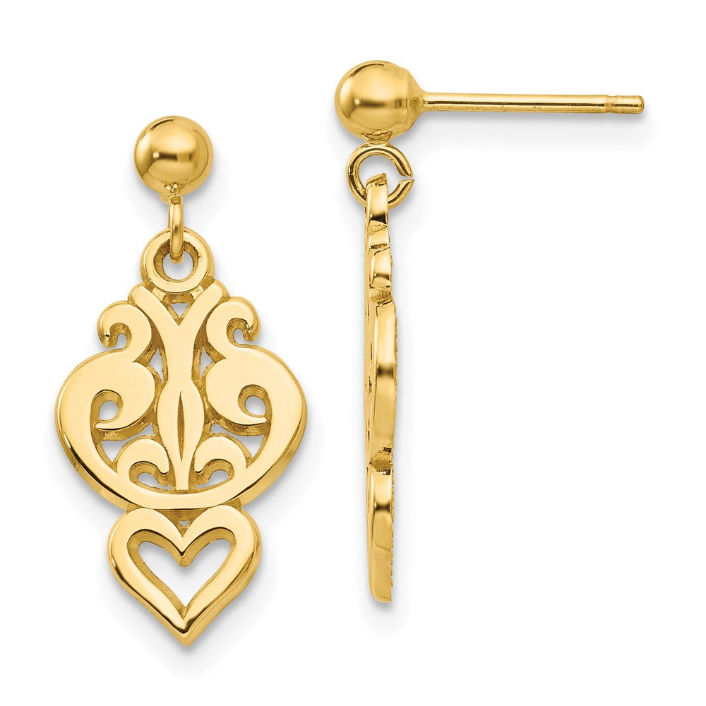 14k Yellow Gold 9 mm Polished Filigree Fancy Heart Post Dangle Earrings (1.6 grams)