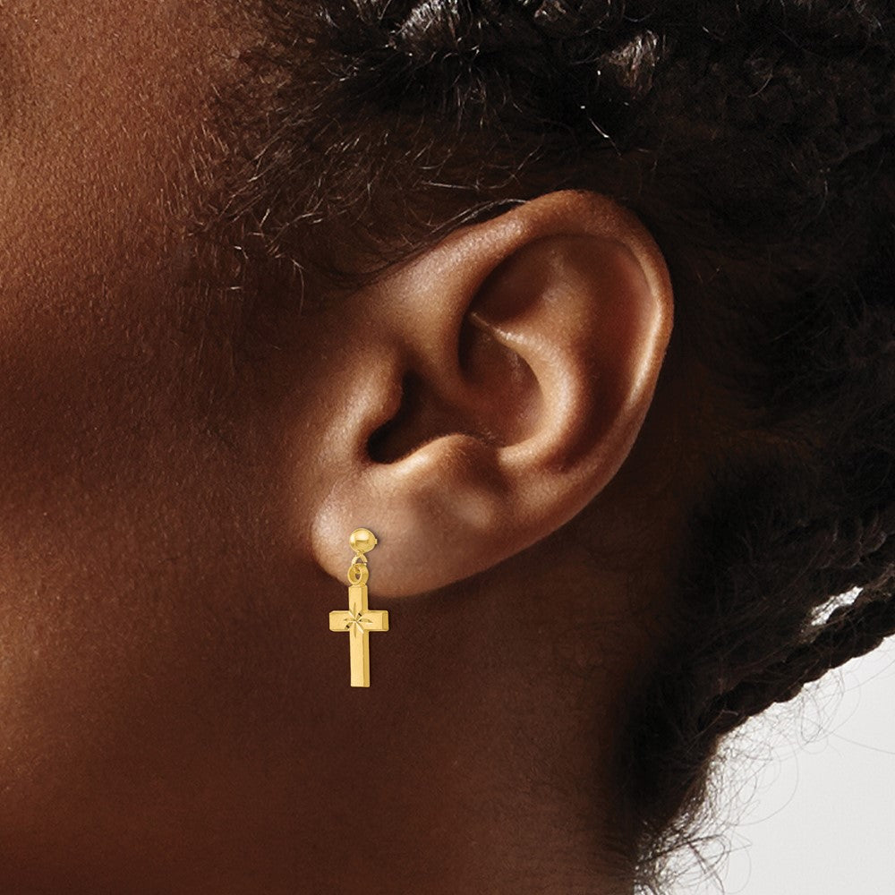 14k Yellow Gold 8 mm Satin & Diamond -Cut Cross Earrings (1.2 grams)