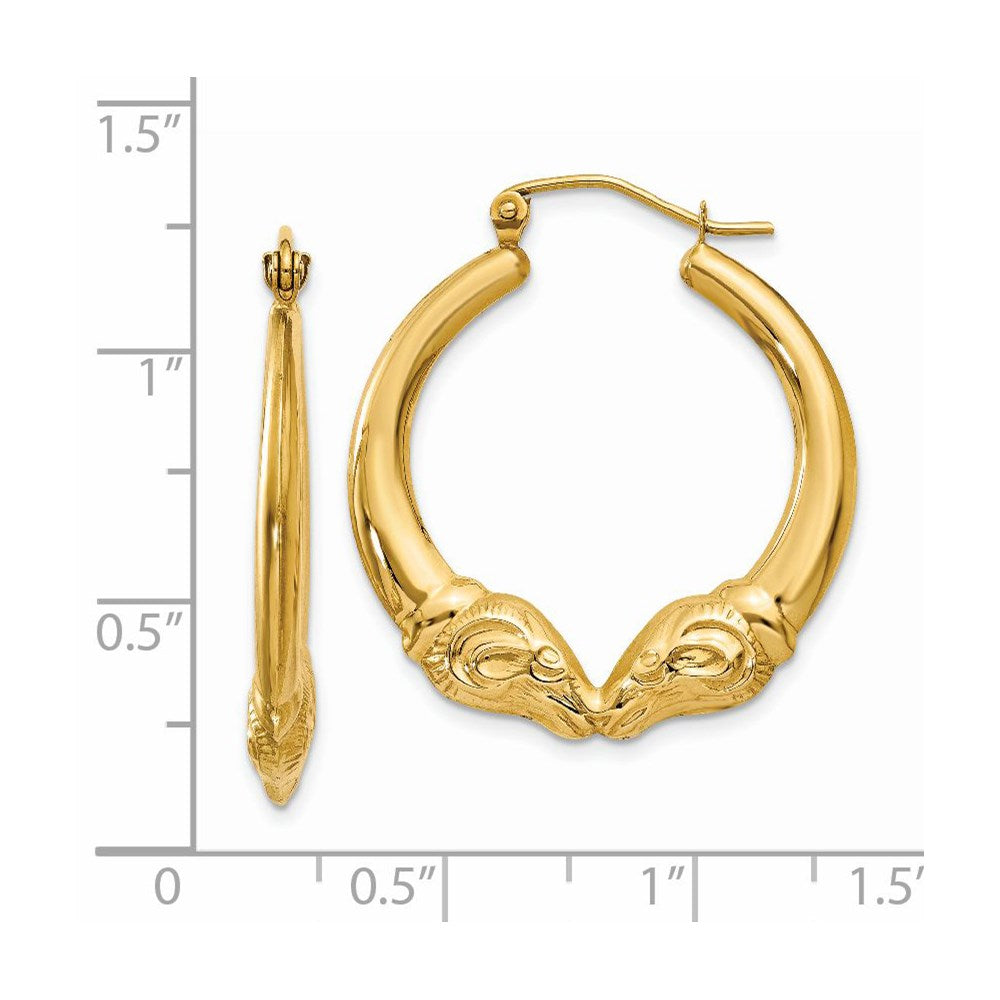 14k Yellow Gold 3 mm Polished Ram Hoop Earrings (2.12 grams)