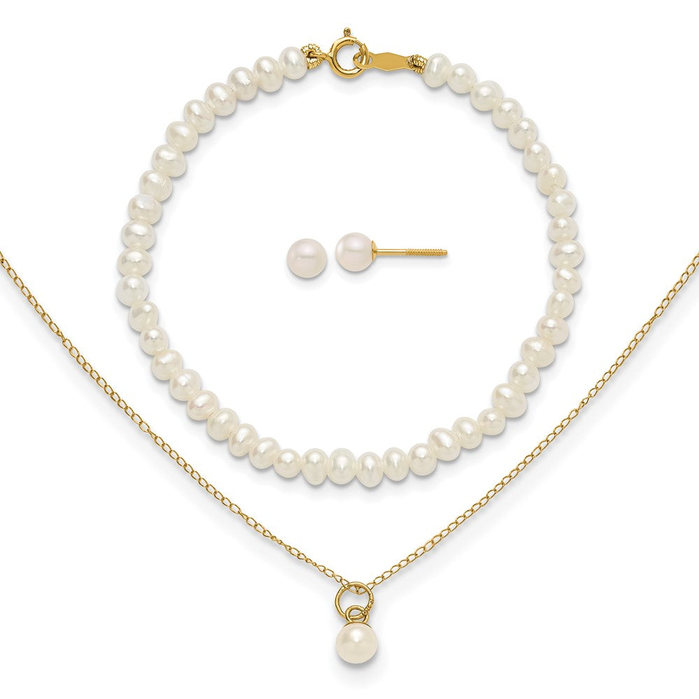 14k Madi K White FWC Pearl 15 Necklace, Earrings & 5.5 Bracelet 3pc Set (0.8 grams)