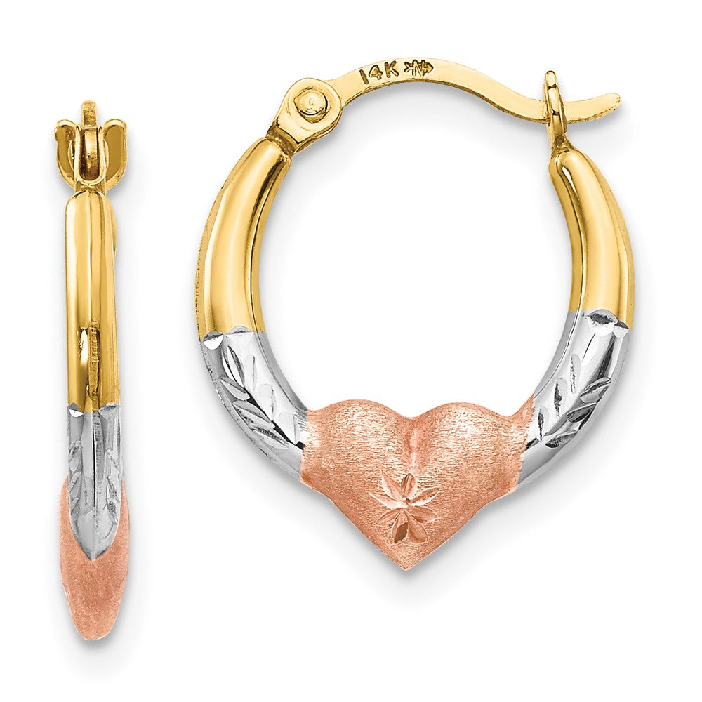 14K w/Rose and White Rhodium Madi K Heart Hoop Earrings (0.4 grams)
