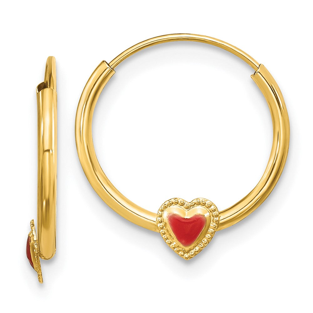 14k Madi K Polished Red Enameled Heart Hoops (0.32 grams)