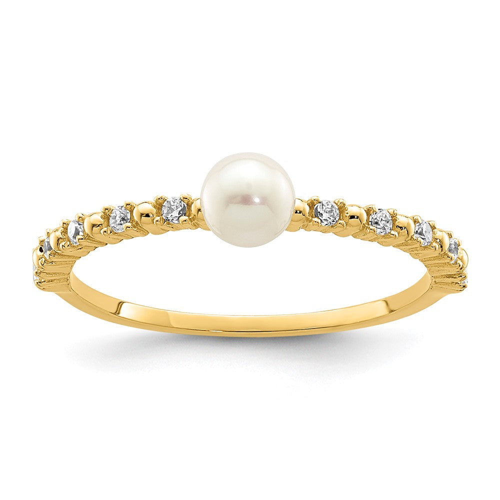 14K Madi K 3-4mm White Button Freshwater Cultured Pearl and CZ Ring (0.77 grams)