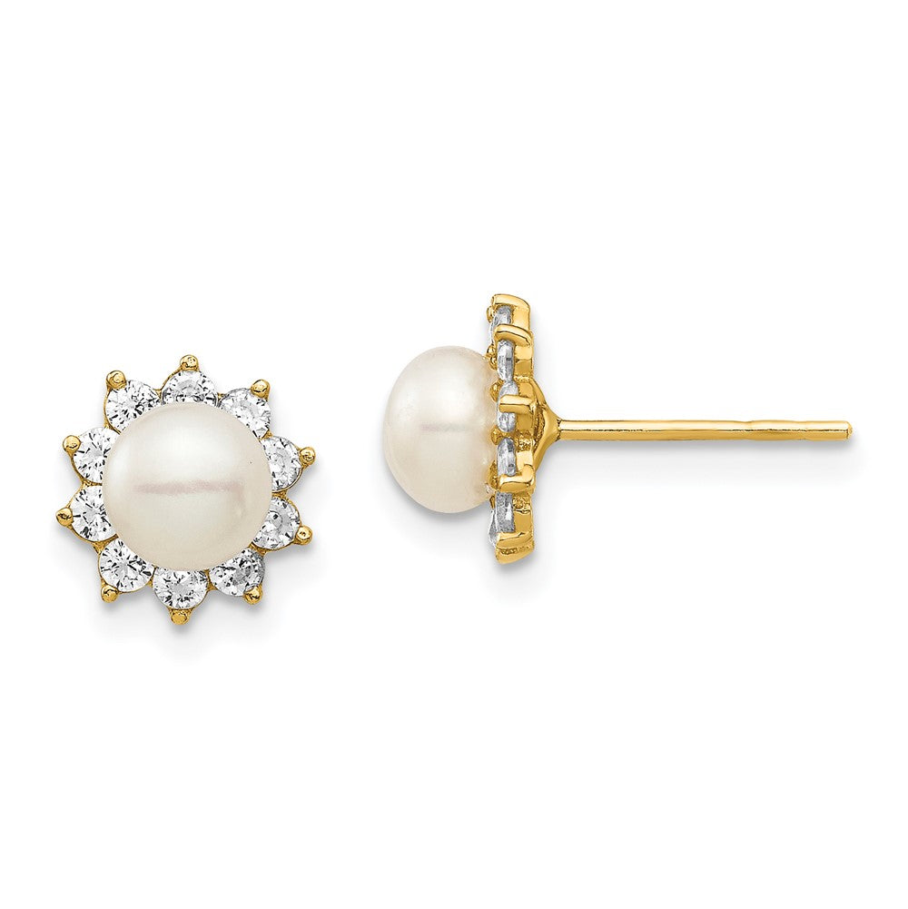 14k Madi K 5-6mm White Button Freshwater Cultured Pearl CZ Post Earrings (1.09 grams)